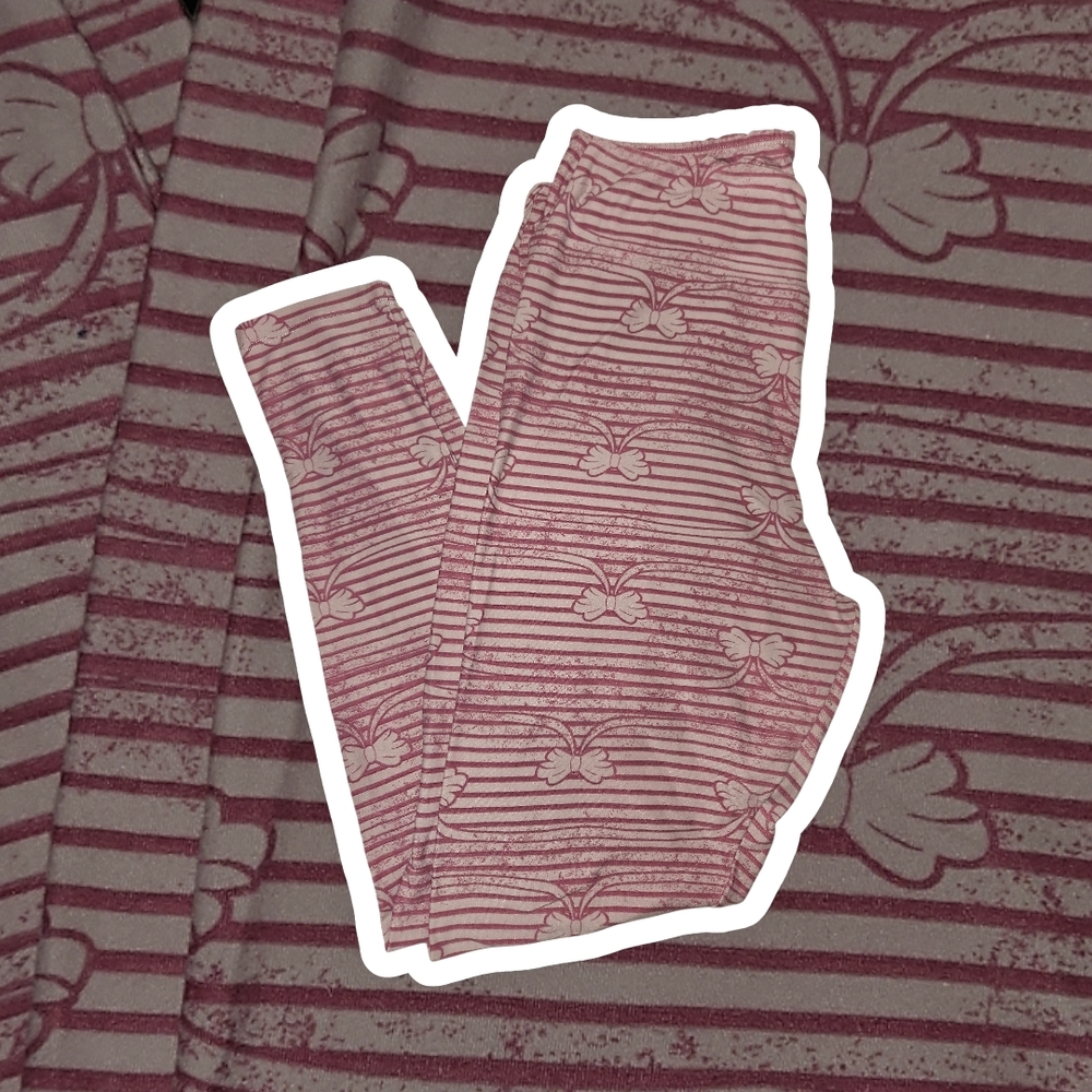 NWT Lularoe Leggings Pink Striped With Bows Size TC